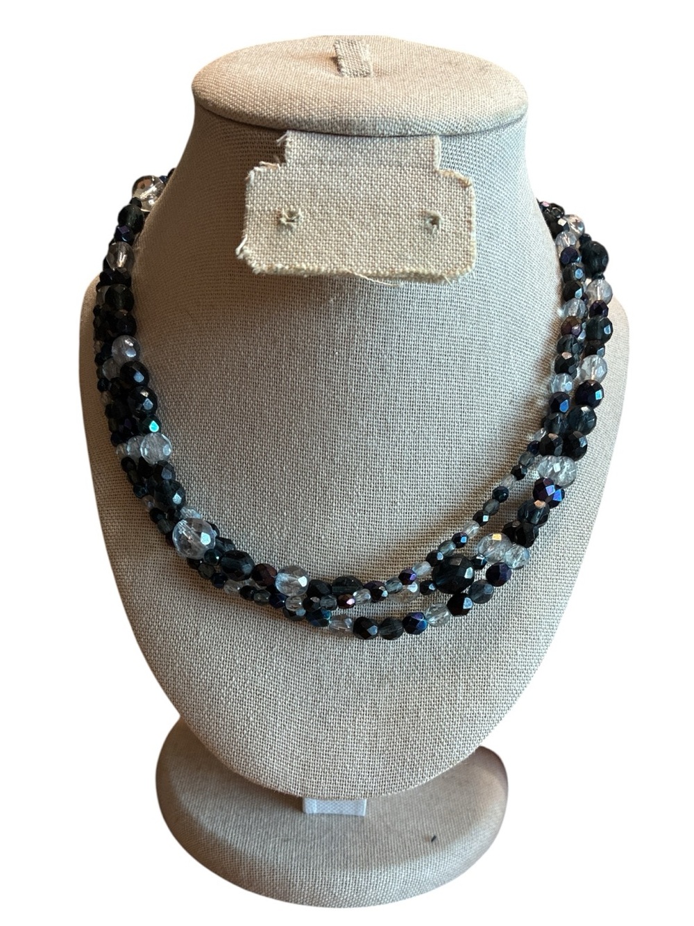 Multi-Strand Black and Iridescent Multi Faceted Bead Necklace